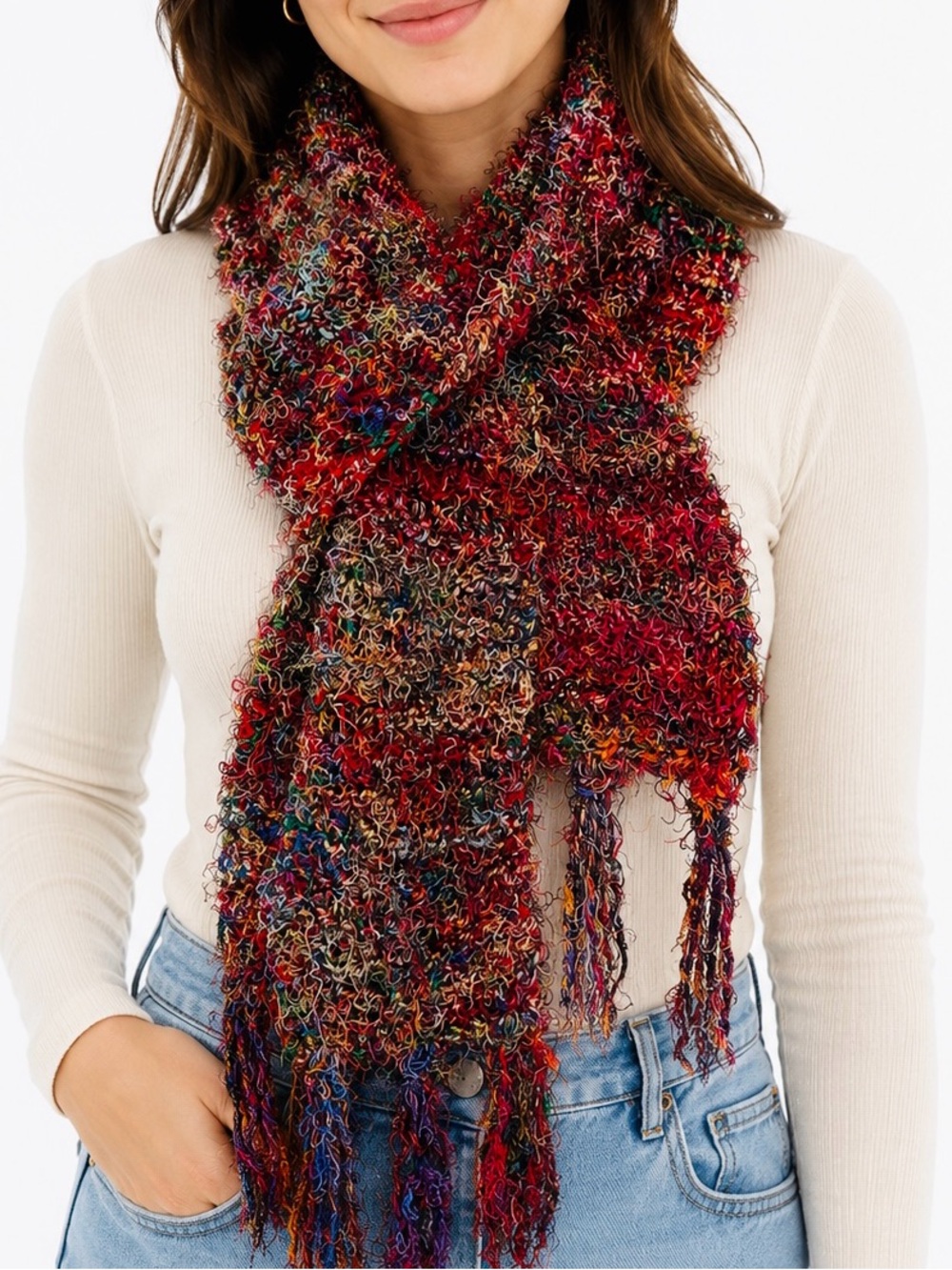 70” Fuzzy Colorful Red Multicolor Bouclé Knit Scarf - 6” Wide — #C